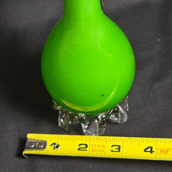 Vintage Green Art Glass Pitcher Ewer 8" Hand Blown Clear Handle Feet Mid Century - Picture 13 of 14